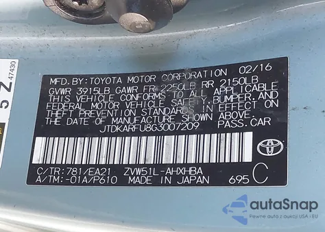 2016 Toyota Prius Three Touring z USA, uszkodzony, nr VIN JTDKARFU8G3007209